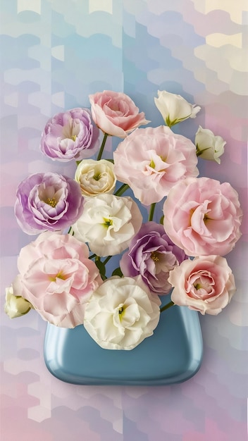 Top view image of delicate lisianthus flowers in the blue vase over pastel background