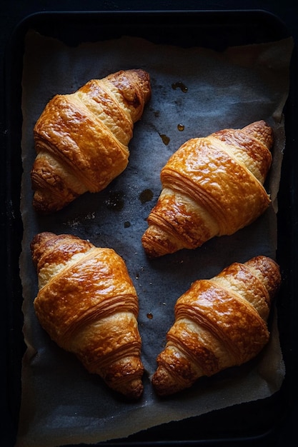 Photo top view image of freshly baked golden croissants