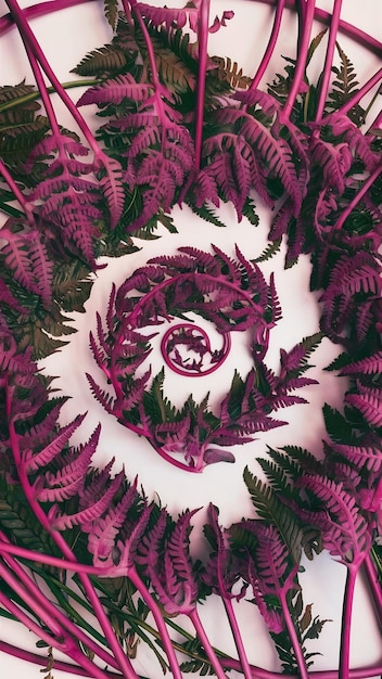 Photo top view image of magenta pastel fiddlehead ferns flat lay