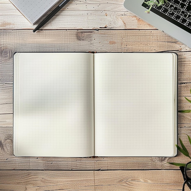 Photo top view image of open notebook with empty pages and lap