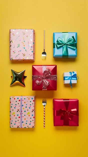 Top view image of party and present objects on yellow background