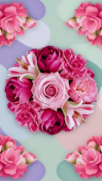 Top view image of pink flower composition over pastel background