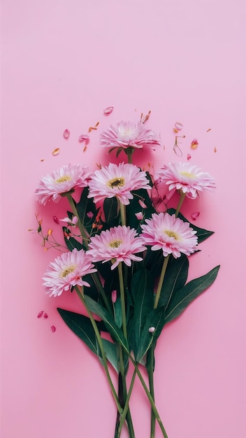 Top view image of pink flowers composition over pastel background