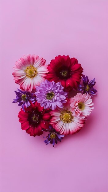 Top view image of pink and purple flowers composition over pastel background