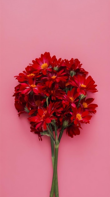 Top view image of red flower composition over pink background