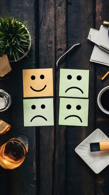 Top view image of table with note of happy and sad face