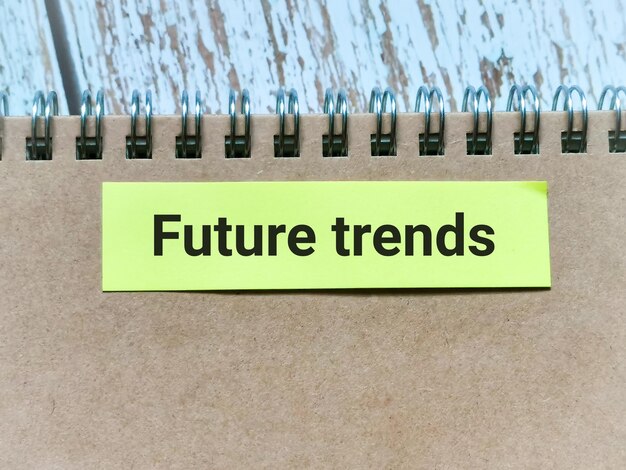 Photo top view image yellow sticky note written text future trends.