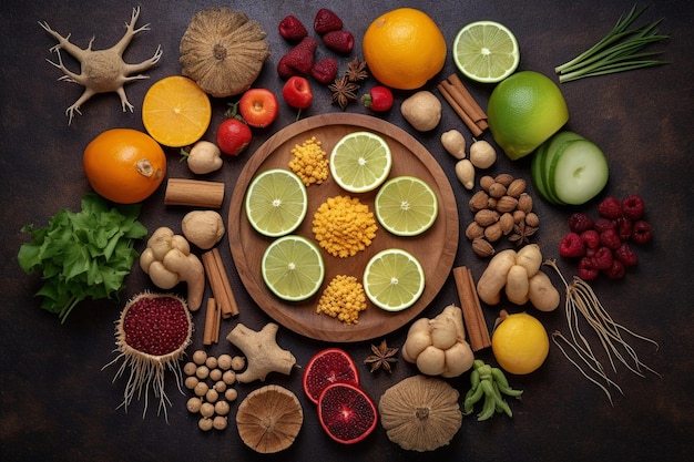 Top view of immunity boosting foods