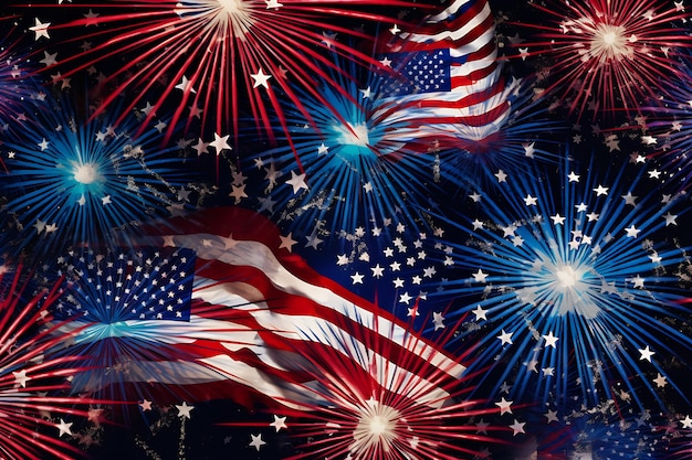 Top view of independence day fireworks with stars and american flags