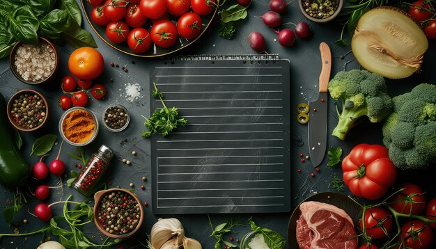 Top view of ingredients for cooking on black chalkboard with copy space