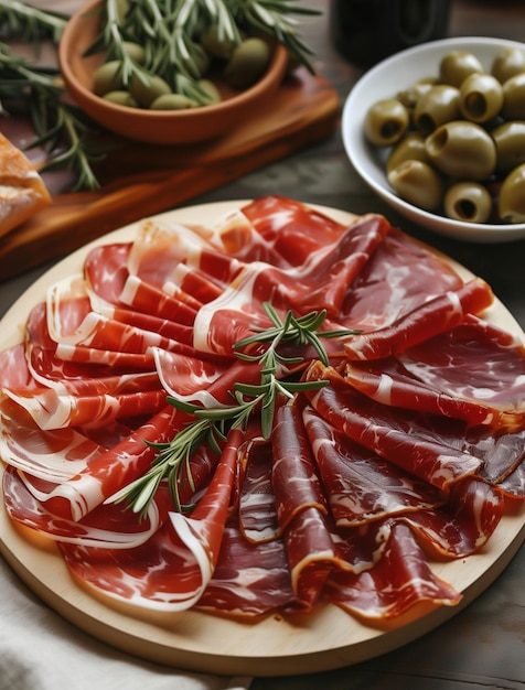 Photo top view of jamon iberico slices on a rustic wooden plate beige background