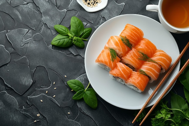 Top view of Japanese sushi set on black concrete background