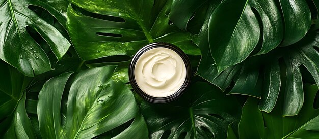 Photo top view of a jar of cream surrounded by large lush green leaves the image highlights natural beauty and skincare products with a tropical vibe