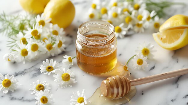 Top view of a jar of honey with a wooden dipper on a marble table