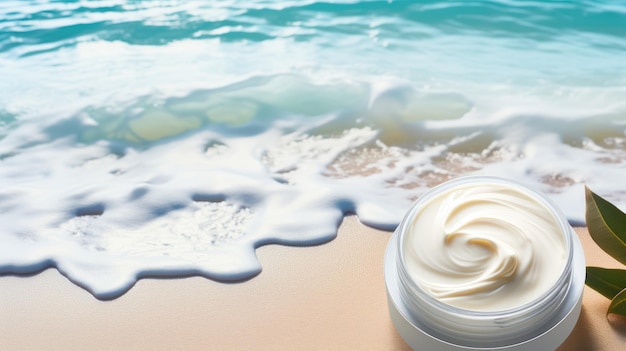 Top View of a Jar with Skin Care Cream by the Ocean Waves AI Generated