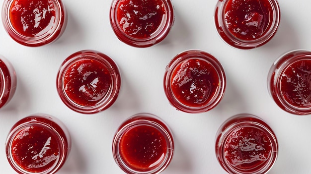 Top view of jars with delicious strawberry jam on white background