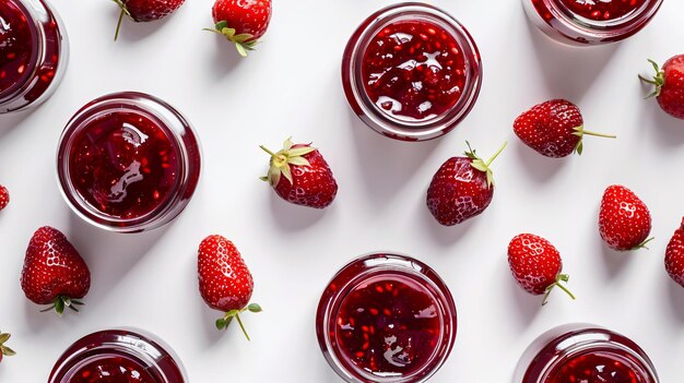 Top view of jars with delicious strawberry jam on white background