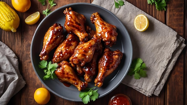 Top view of juicy chicken arranged artfully on a rustic wooden picnic table