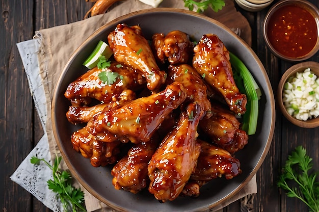 Top view of juicy chicken arranged artfully on a rustic wooden picnic table