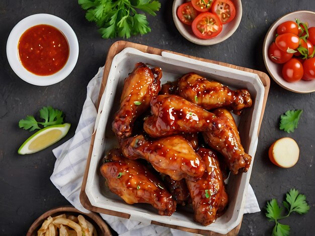 Photo top view of juicy chicken arranged artfully on a rustic wooden picnic table