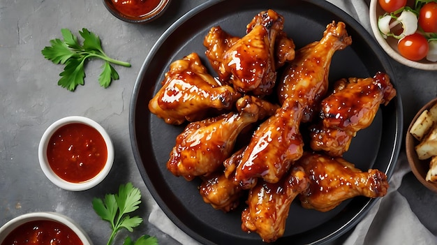 Top view of juicy chicken arranged artfully on a rustic wooden picnic table