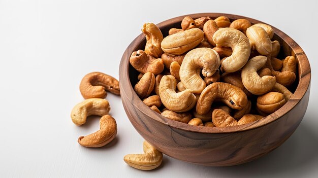 Top view of kaju or cashew nut in a bowl with a big space for text or product in a studio white backdrop Generative AI