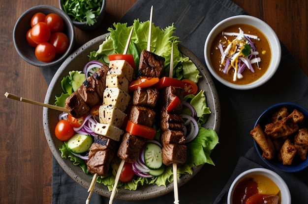 Photo top view of kebab platter on skewers served with salad