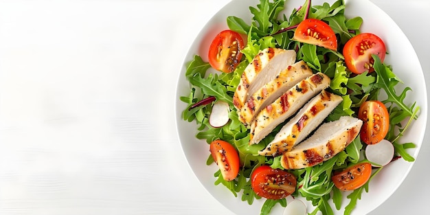 Top view of ketofriendly chicken fillet salad on white background Concept Food Photography Keto Diet Chicken Salad Flat Lay Healthy Eating