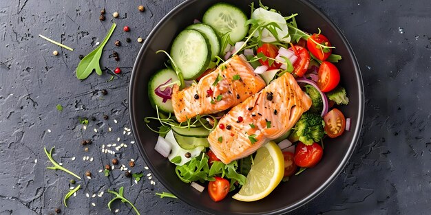 Top view of a ketogenic or paleo diet lunch bowl with salmon Concept Food Photography Healthy Eating Meal Prep Salmon Recipe Ketogenic Diet