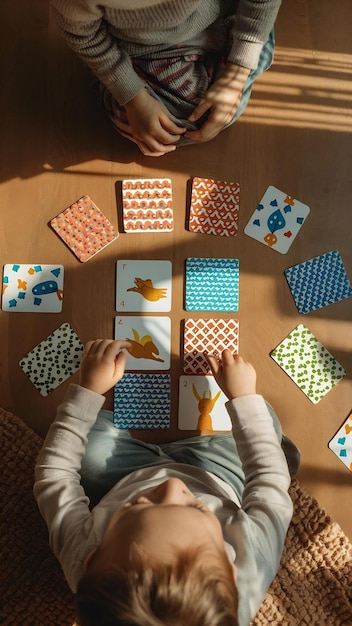 Photo top view kid playing memory game