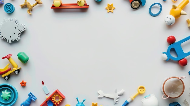 Photo top view of kids39 toys arranged on a white background