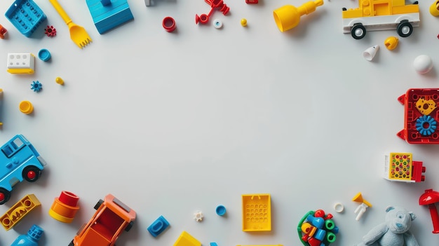 Photo top view of kids39 toys arranged on a white background