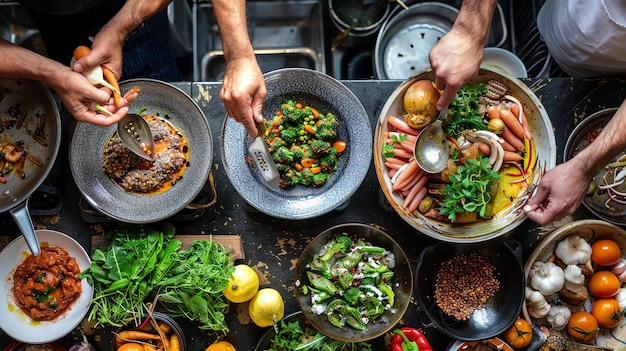 Top view of a kitchen counter with a variety of ingredients and dishes