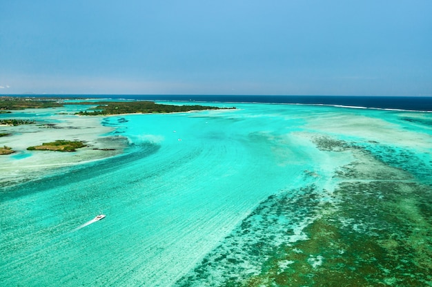 Top view of the lagoon and coral reef of Mauritius in the Indian Ocean.