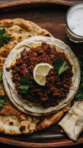 Top view lahmacun with parsley and lemon and ayran and rag in wooden food tray