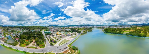 Top view of Lam Vien square at the bank of Xuan Huong Lake In Vietnam Da Lat is a popular destination attracting thousands of tourists Urban development texture green parks and city lake