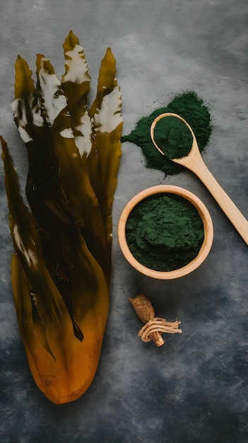 Photo top view laminaria or kelp seaweed and spirulina powder in wood bowl and spoon background flat lay