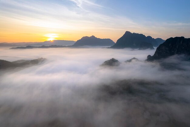 Top view Landscape of Morning Mist with Mountain Layer at Meuang Feuang