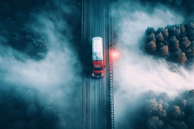 Top view landscape with red truck on bridge in foggy morning blue color tones Generative AI