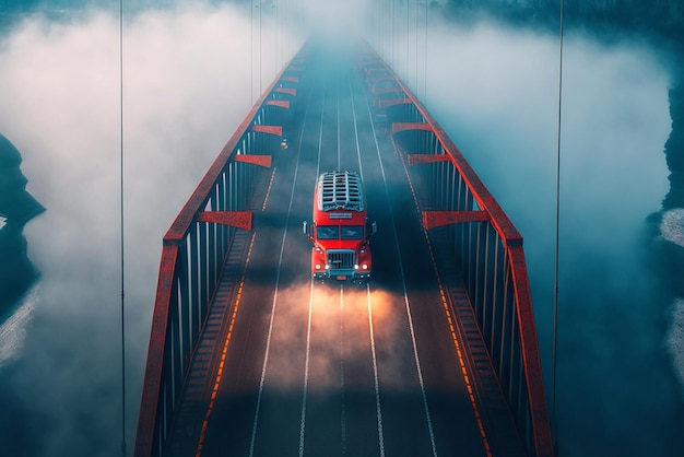 Top view landscape with red truck on bridge in foggy morning blue color tones Generative AI