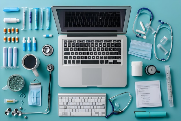 Top View Laptop And Medical Equipment