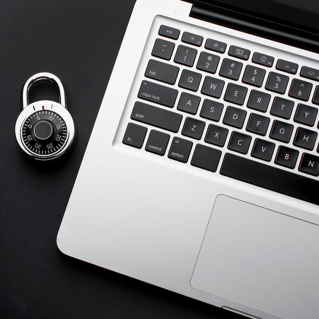 Top view of laptop with lock