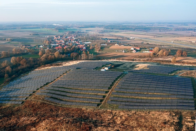 Top view of large solar cell plantations green energy solar energy autumn