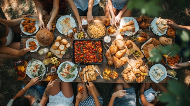 Top view of large wooden dinner table with food and peoples hands large plates and bowls with fresh