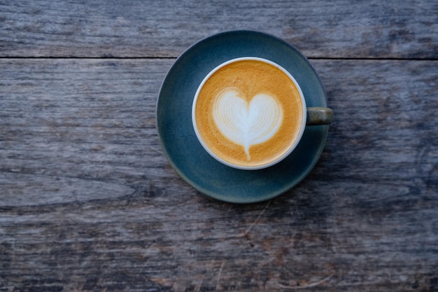 Top view of a latte with heartshaped foam art