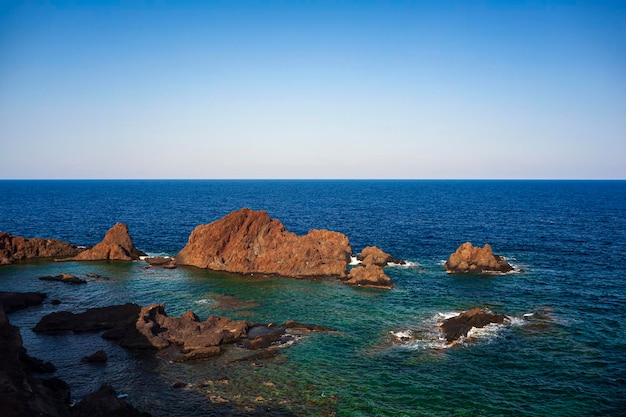 Top view of the lava beach of Linosa Called Faraglioni