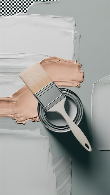 Photo top view lay flat paint brush laying on paint can with on transparency background png