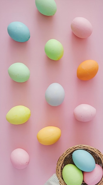 Photo top view layout with colored easter eggs on pink background