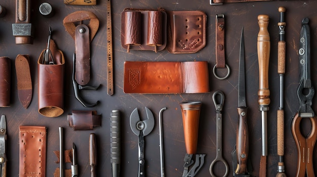 Top view of leather craft tools and accessories on a dark brown background