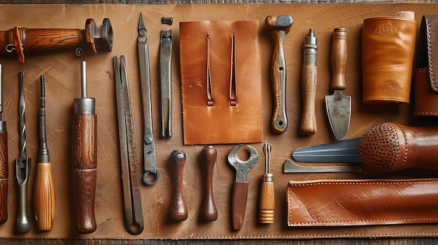 Top view of leather craft tools and accessories on a wooden table